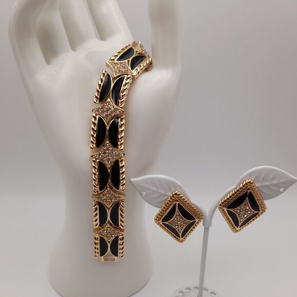 Vintage Park Lane Bracelet Post Earrings Set, Black Enamel Rhinestones - Picture 11 of 11